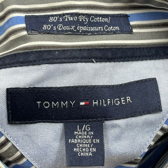 TOMMY HILFIGER Button Up Shirt Men Size L Blue Green Striped Two Ply Cotton Y2K - Picture 5 of 6